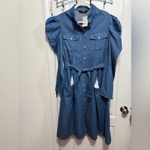 tov denim dress Tov Los Angeles | Dresses | Tov Noir Power Puff Shoulder Belted 0 Cotton  Denim Midi Dress Eu 40
